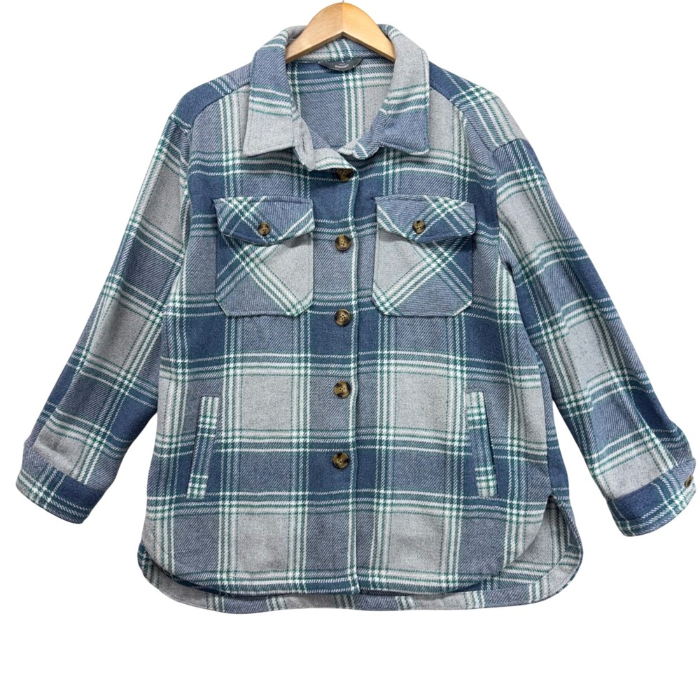 Plaid Shacket Womens Large Everglade Blue Grey Button Up Jacket 14264 Granola